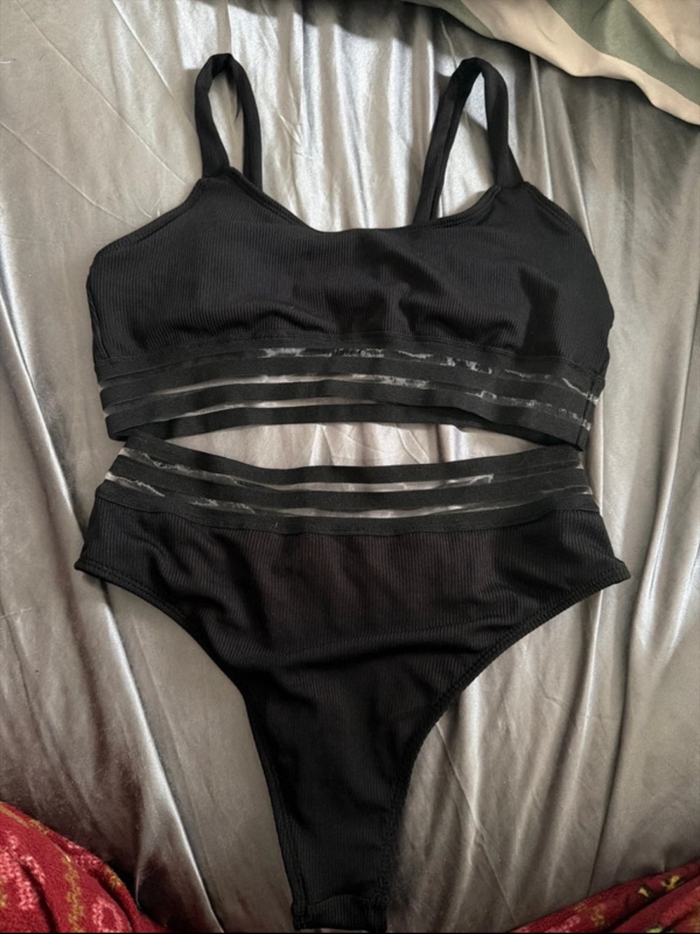 Black Ribbed High-Waist Bikini Set with Sheer Stripe Accents